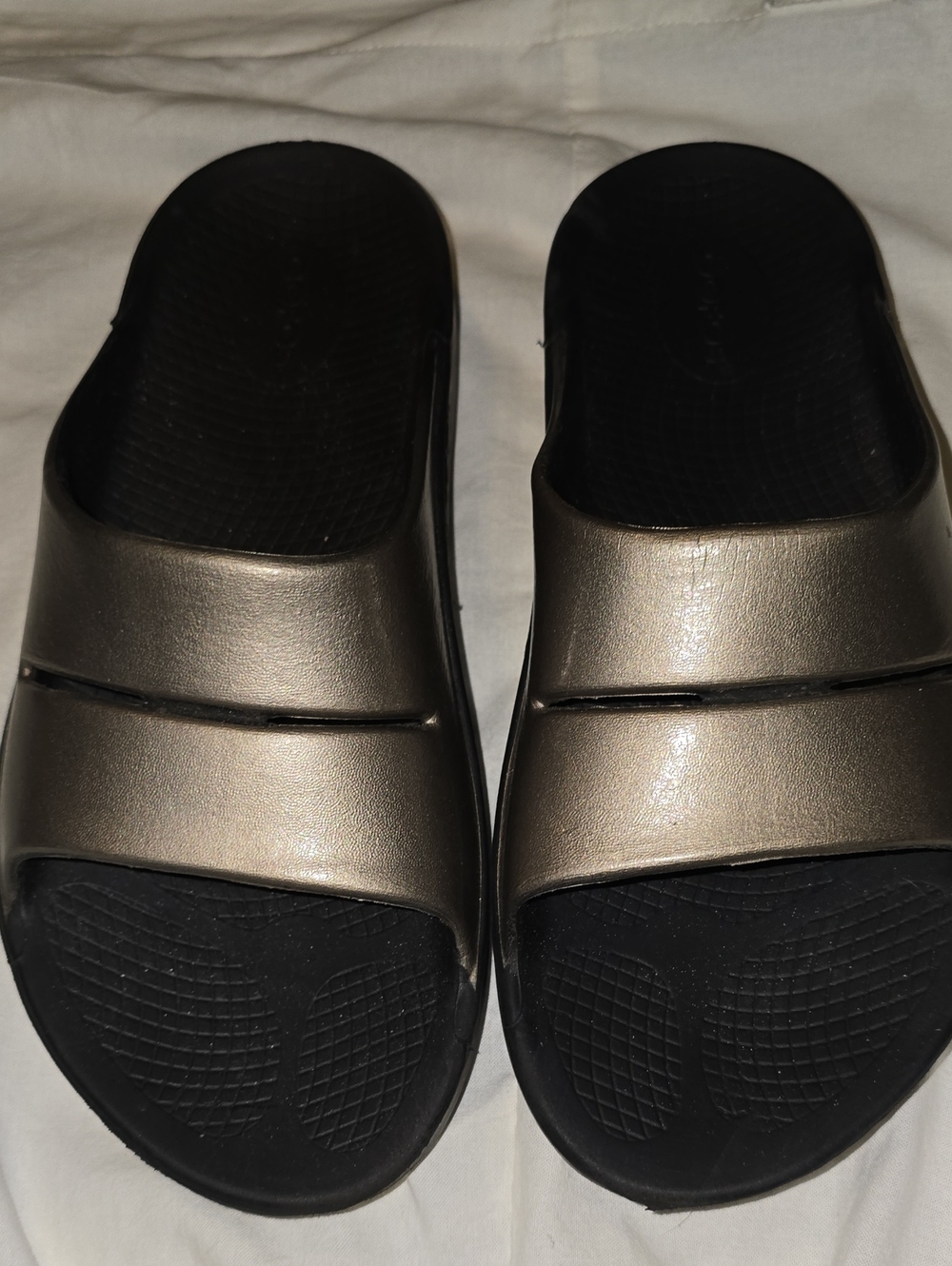 Oofos Women's Metallic Slide Sandals - Bronze/Black. Size 8 men/10 women